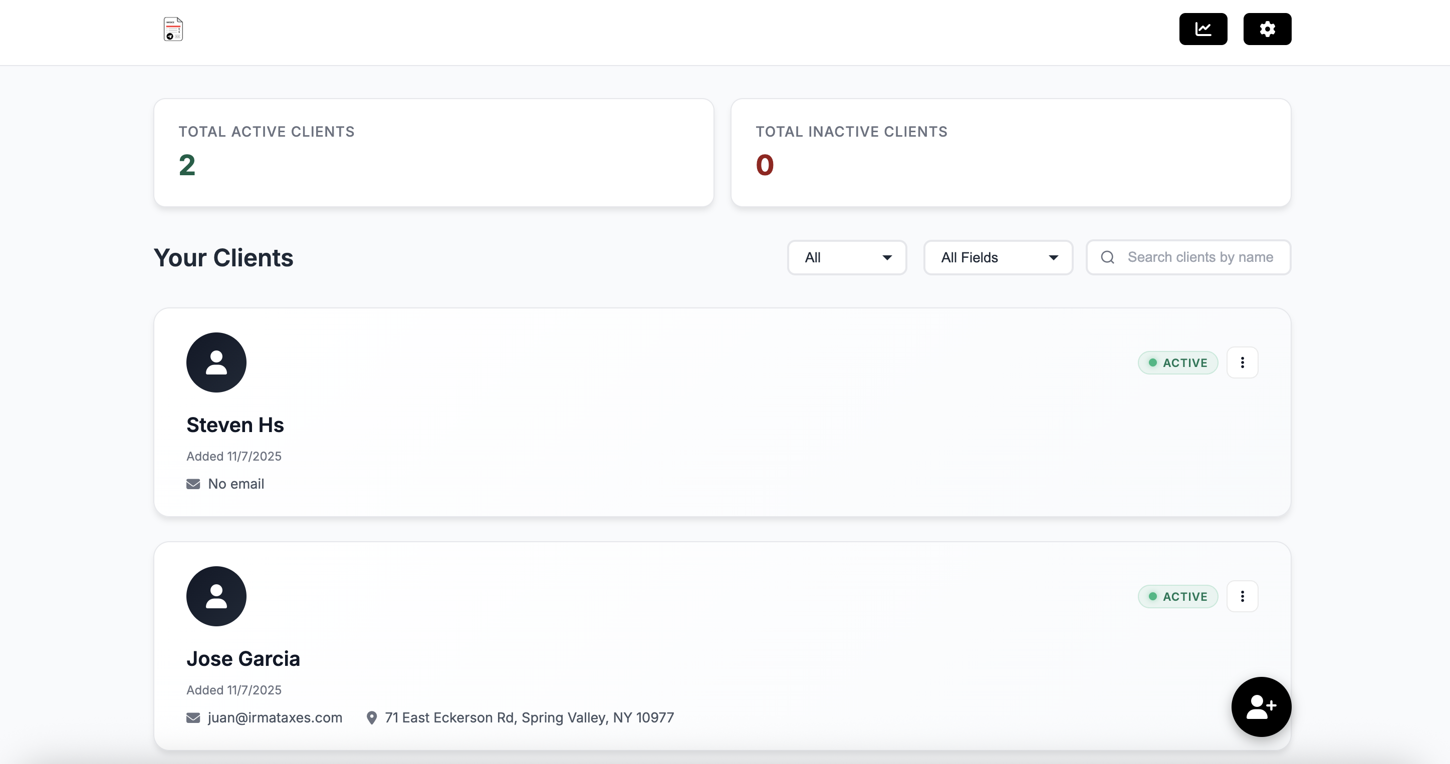 GV Invoice account dashboard showing client list