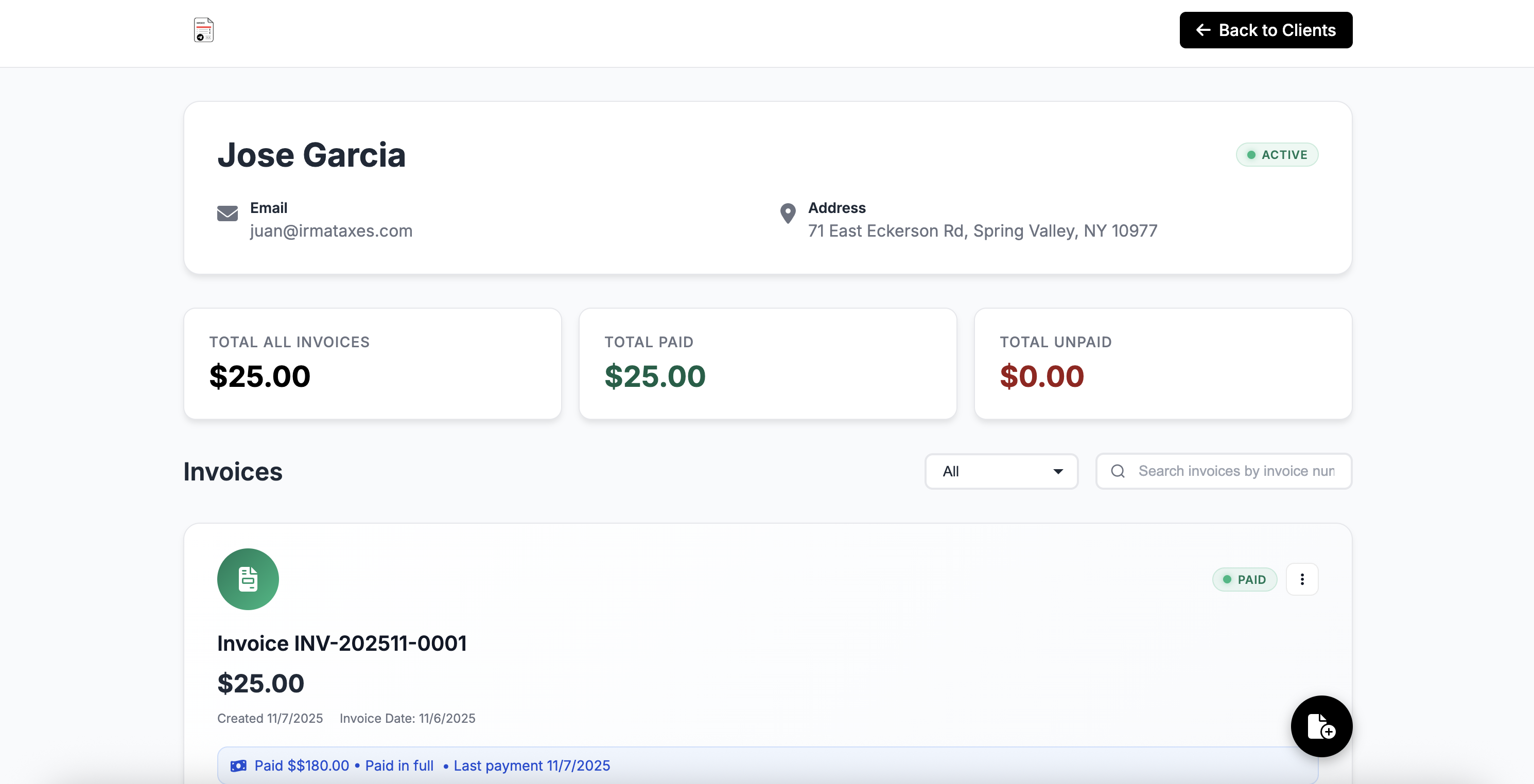GV Invoice client profile page with totals and invoices