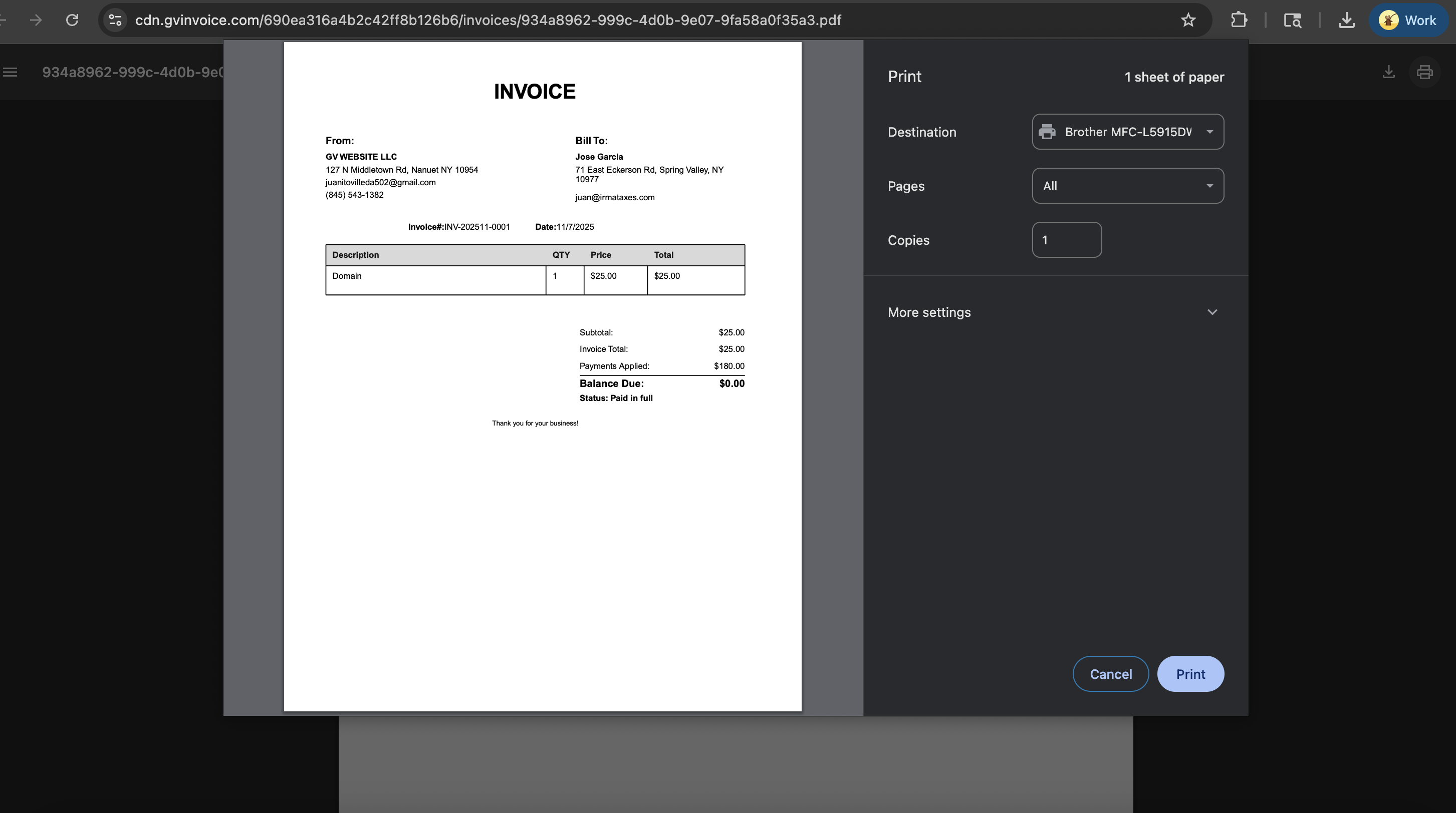 Browser print preview of a GV Invoice PDF