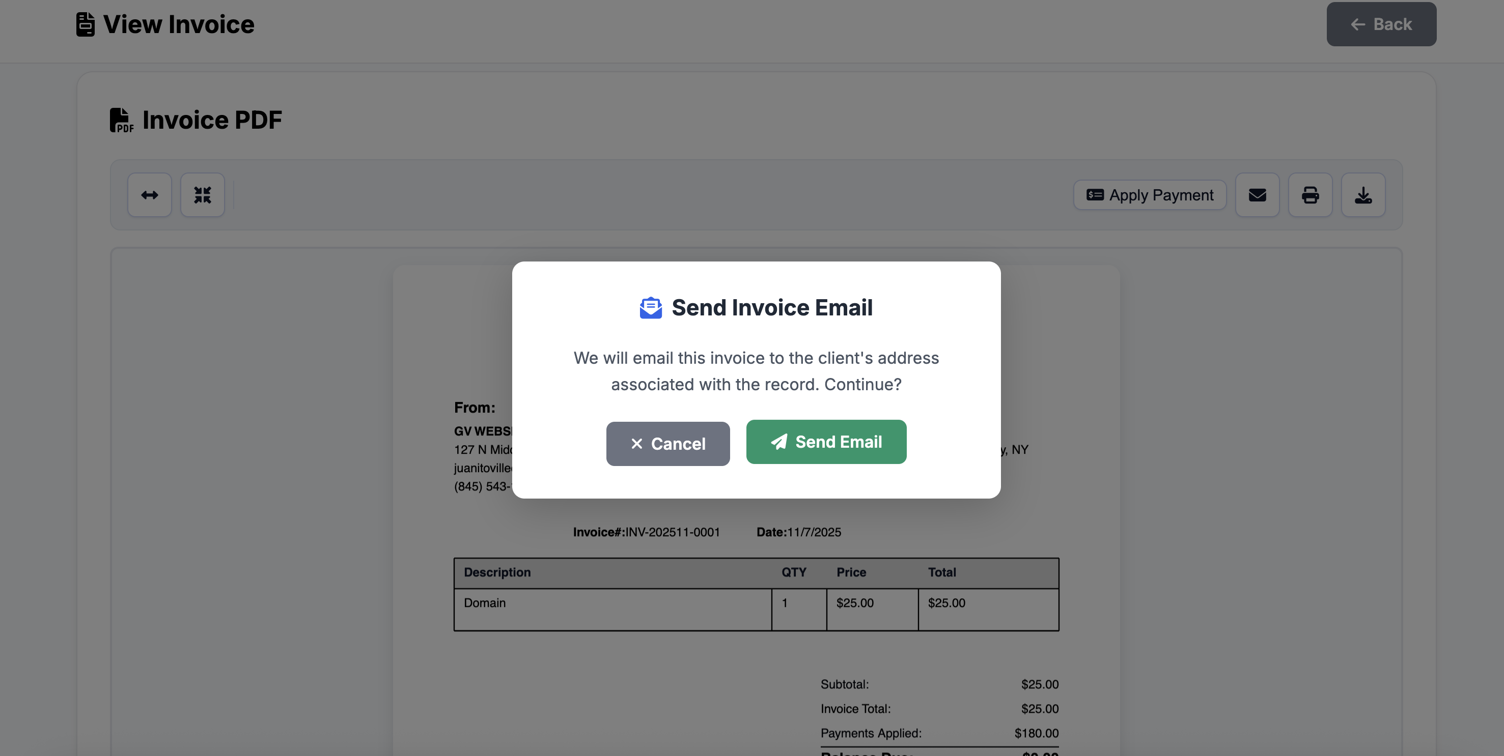 Send invoice confirmation modal