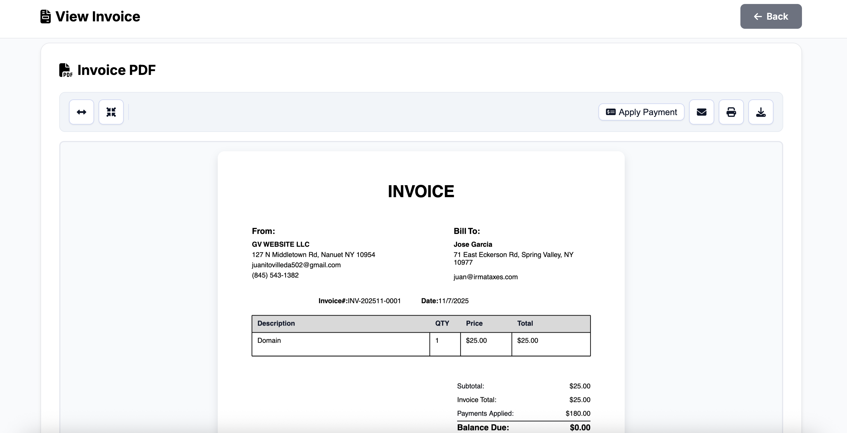GV Invoice PDF viewer showing completed invoice